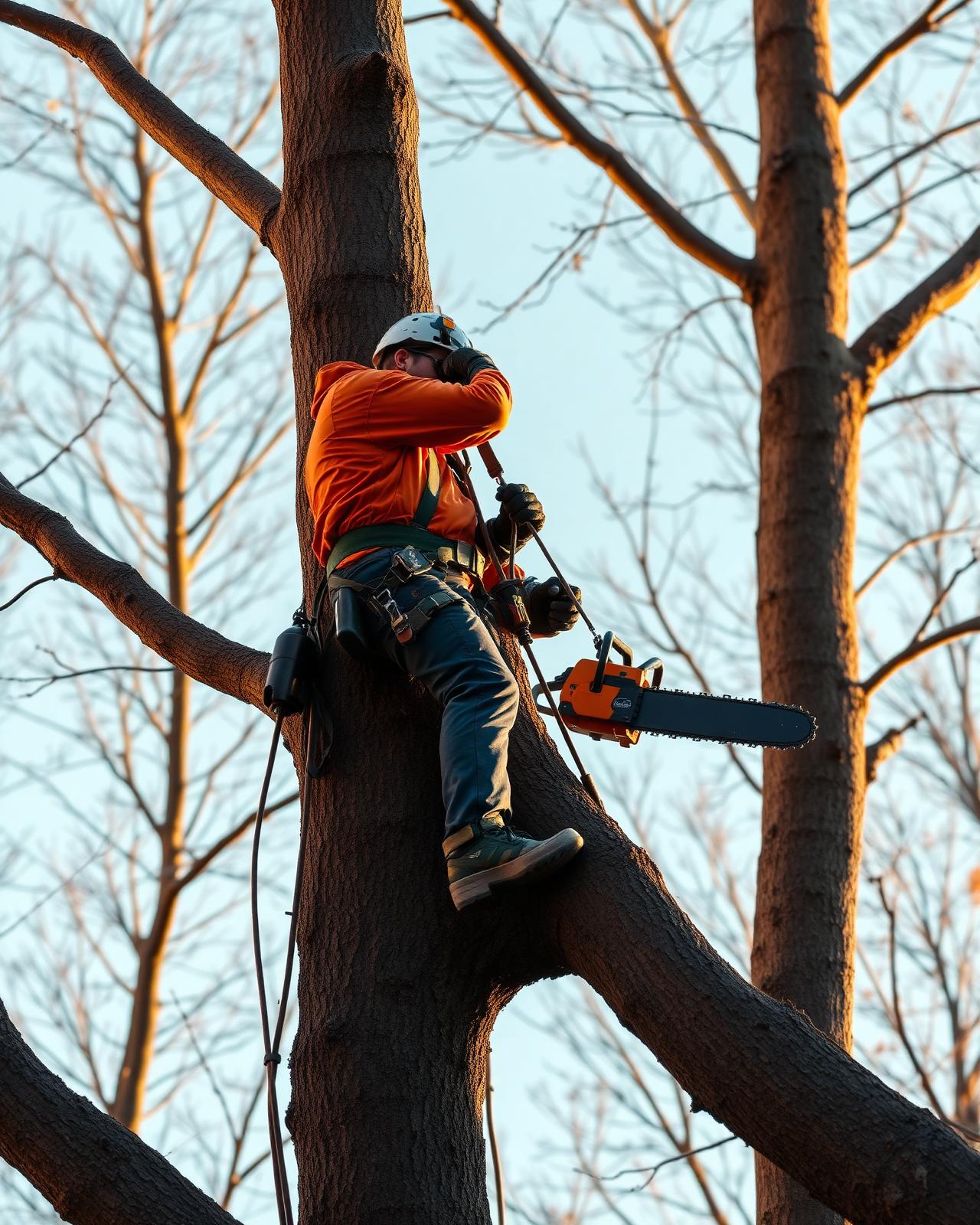 Certified arborist working high in a tree