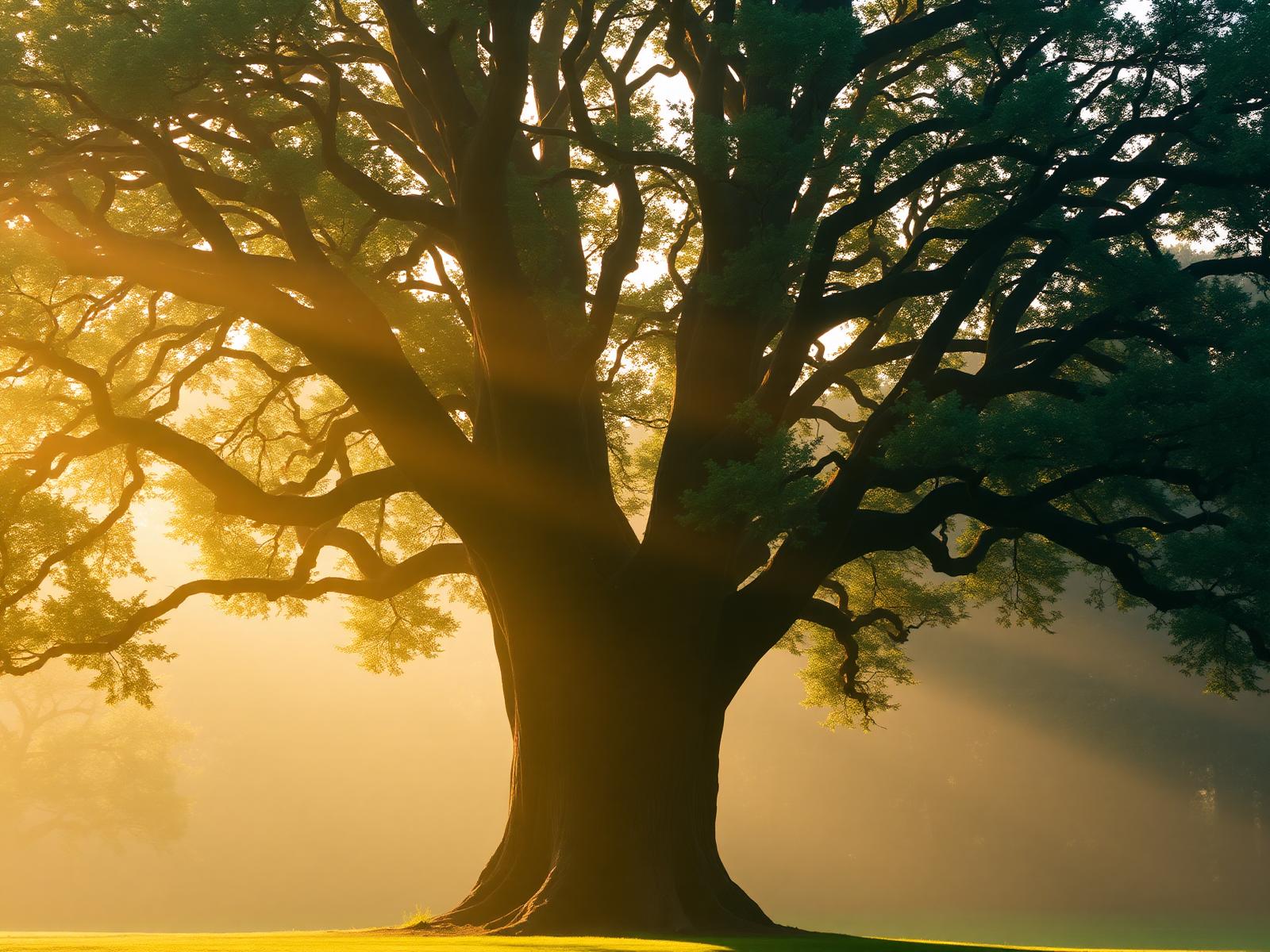 Sunlit oak tree at golden hour